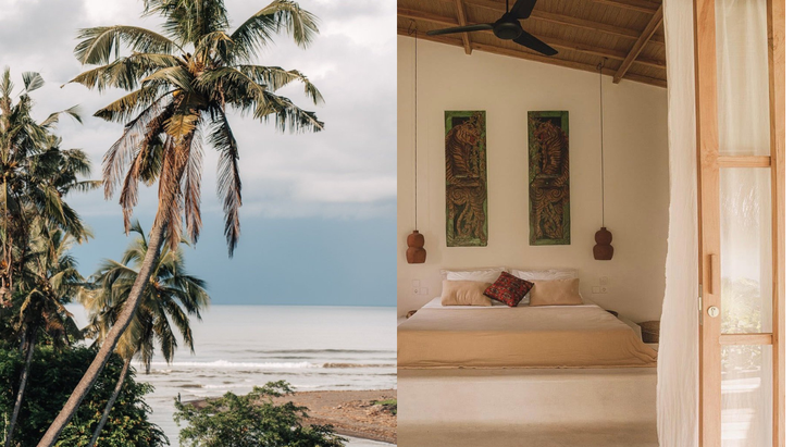 Two images, one on the left of a beach in Bali and the other of a cozy hotel bedroom.